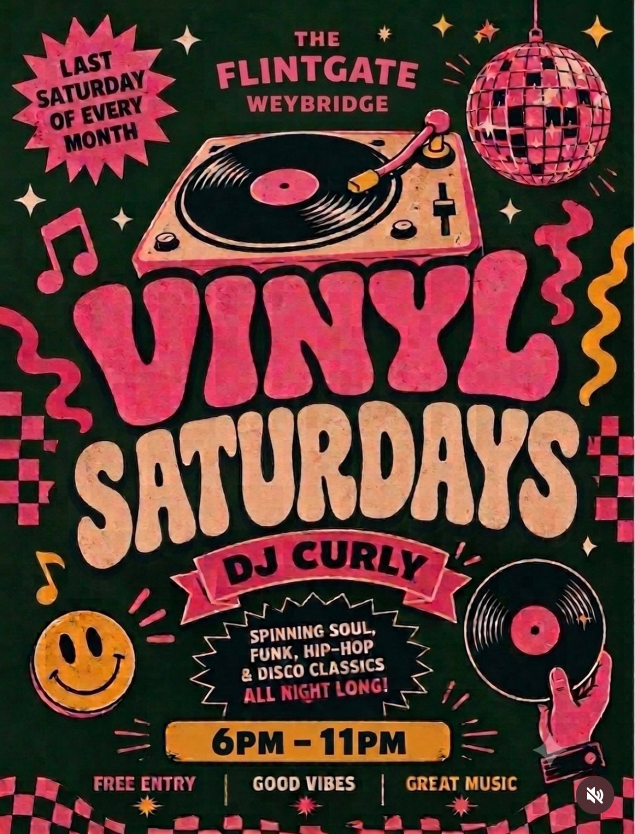Vinyl Saturdays flyer — DJ Curly at The Flintgate, Weybridge, last Saturday of every month, 6–11pm